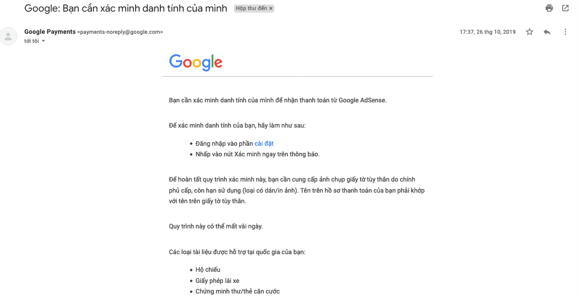 Google gửi email xác minh danh tính